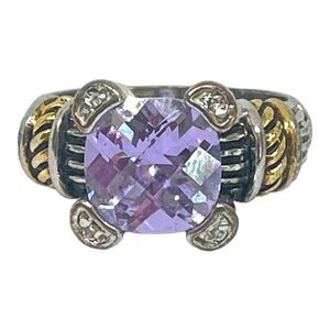Vintage Ring Size 8.5 Antique Silver Toned Gold Toned Accent Large Purple CZ 5X